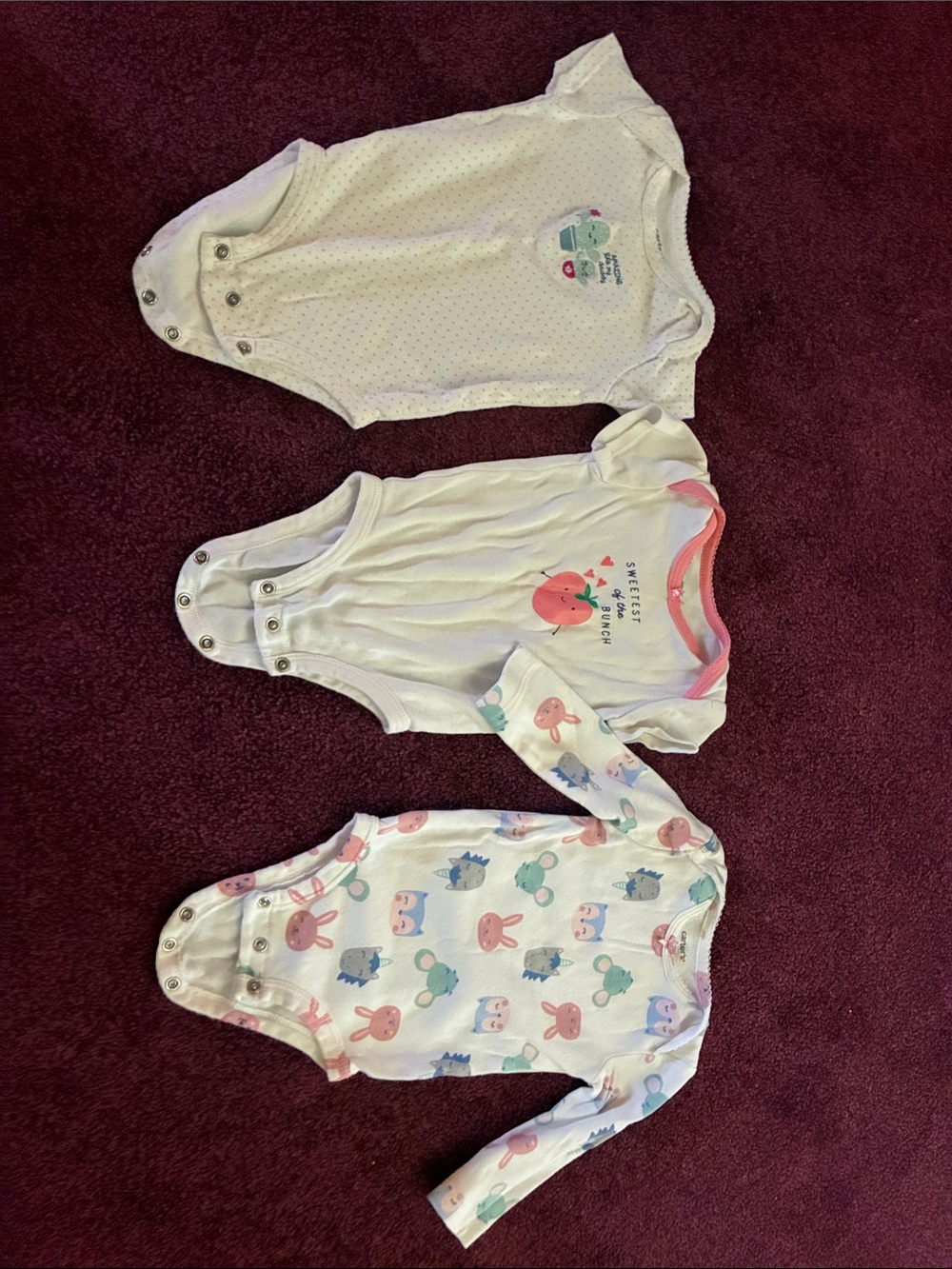 Set of 3 Baby Girls White and Pastel One-Piece Bodysuits